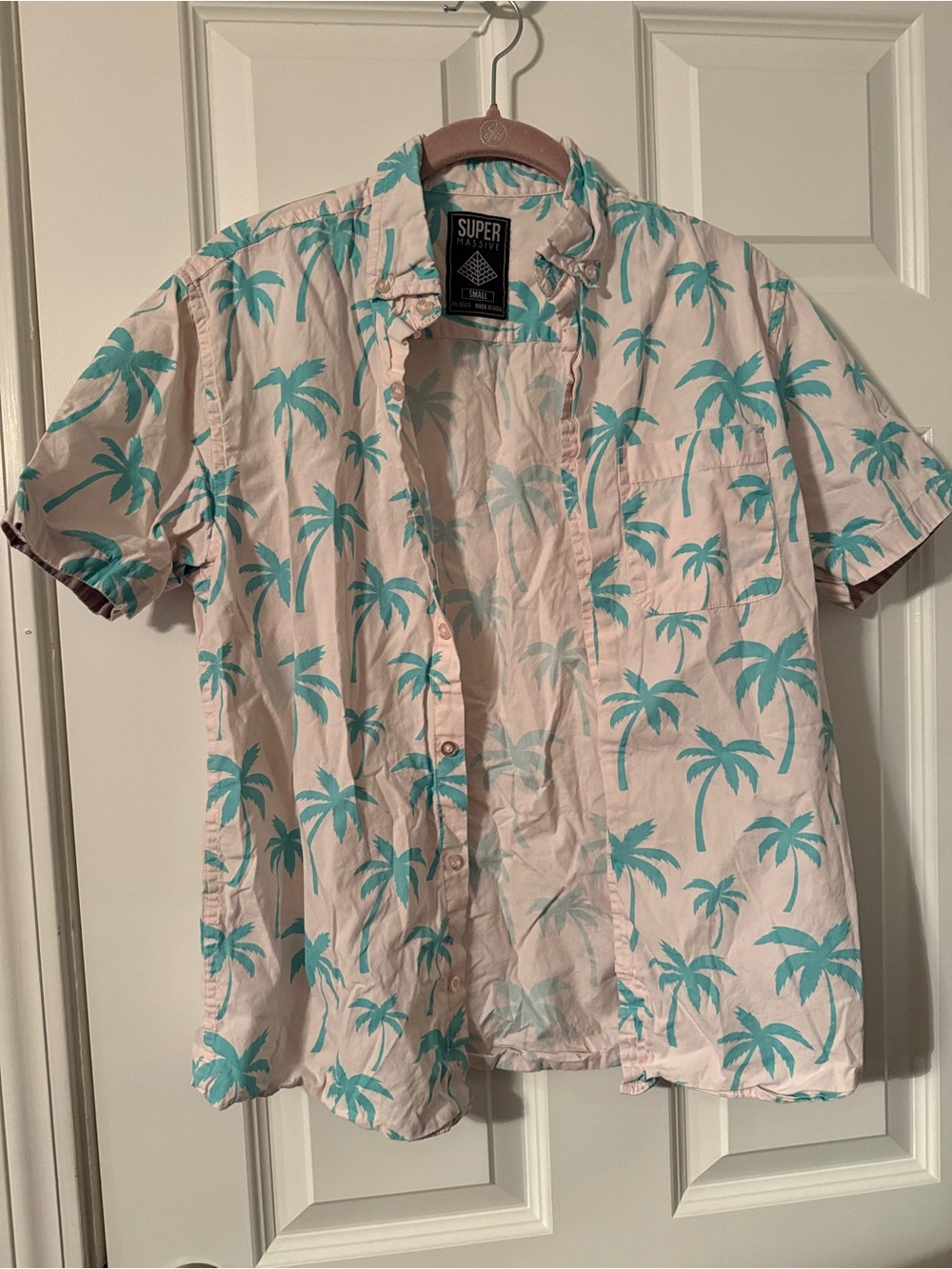 Super Massive Pink Short-Sleeve Palm-Print Button-Down Shirt with Teal Palms